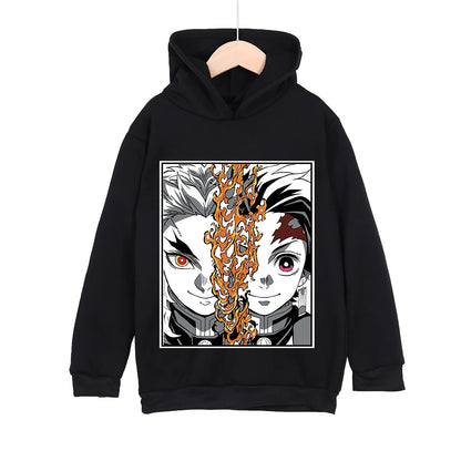 Kids Anime Hoodie Demon Slayer Rengoku x Tanjiro Print Cotton Sweatshirt Unisex Boys Girls Clothing 100-160cm