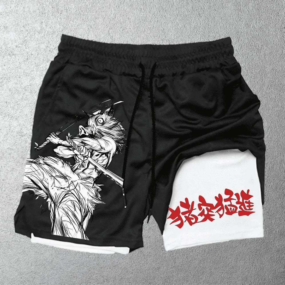 Unisex Demon Slayer Hashibira Inosuke 2026 Summer Shinjuku Anime Printed Loose Trendy Quick Drying Double Layer Sports Shorts