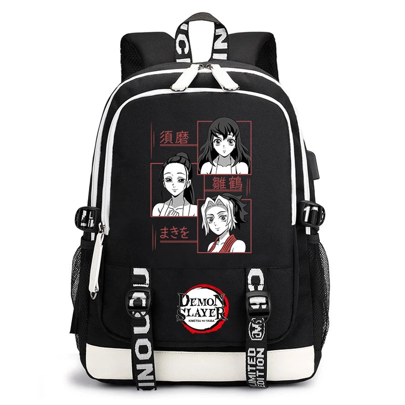 Demon Slayer Anime Print Student Backpack USB Charging Port Lightweight School Bag for Boys Girls