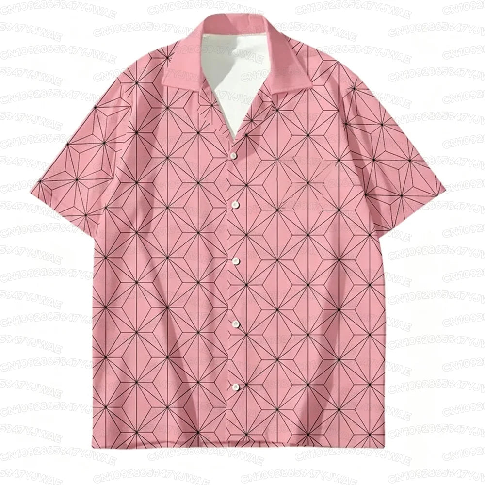 Summer Men's Women's Japanese Anime Tanjiro Kamado Printed Button Casual Hawaiian Shirt  Beach Vacation Cosplay Shirt
