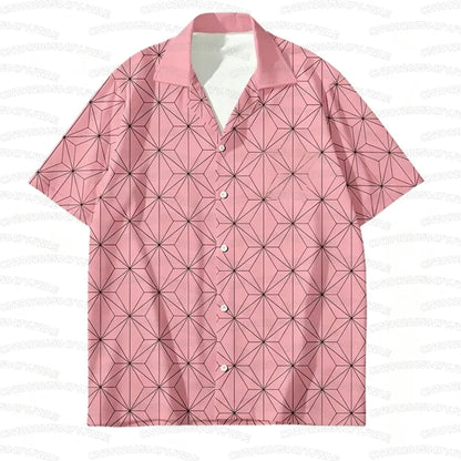 Summer Men's Women's Japanese Anime Tanjiro Kamado Printed Button Casual Hawaiian Shirt  Beach Vacation Cosplay Shirt