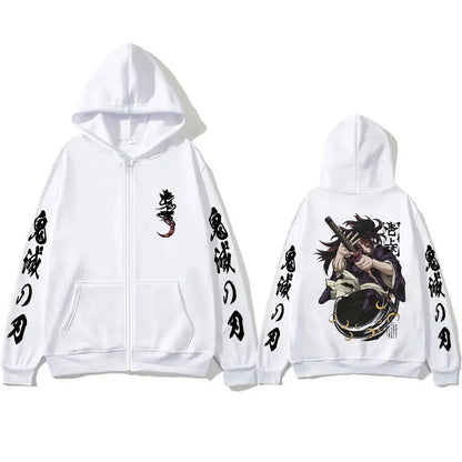 Anime Demon Slayer Kokushibo Zipper Hoodie Men Women Clothing Cartoon Fashion Zip Up Jacket Men's Oversized Zip Up Sweatshir