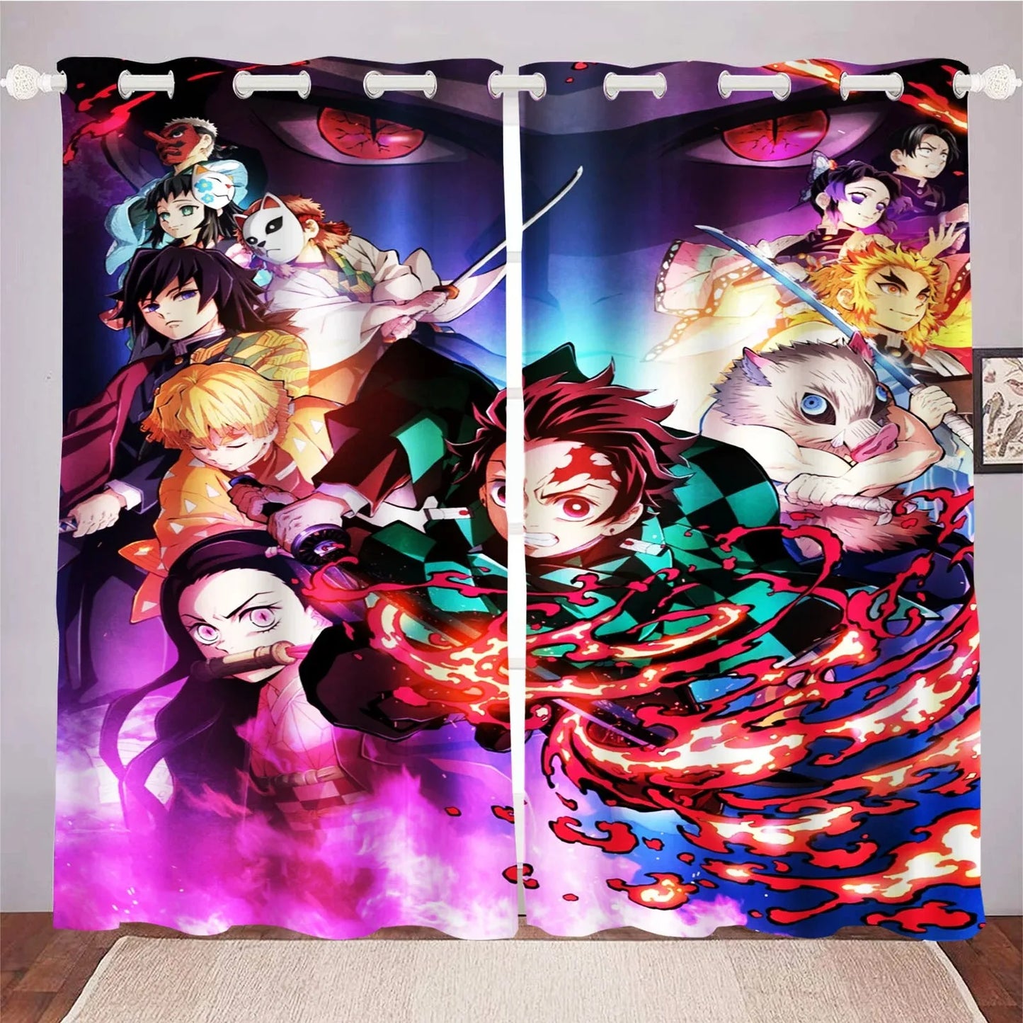 Cartoon D-Demon Slayer curtains for living room and bedroom decoration, high blackout curtains 2pcs, gift for boys and girls.