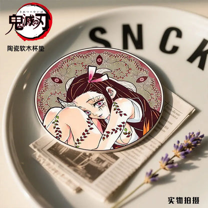 Demon Slayer Coaster Fans Round Ceramic Cork High Temperature Resistant Coaster Tsuyuri Kanao Kamado Tanjirou Kamado Nezuko Gift