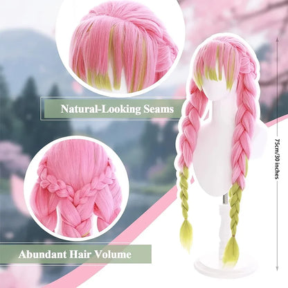 High-Quality Anime Kanroji Mitsuri Iguro Obanai Cosplay Synthetic Wig With Three Braids And Black Layered Heat-Resistant Wig