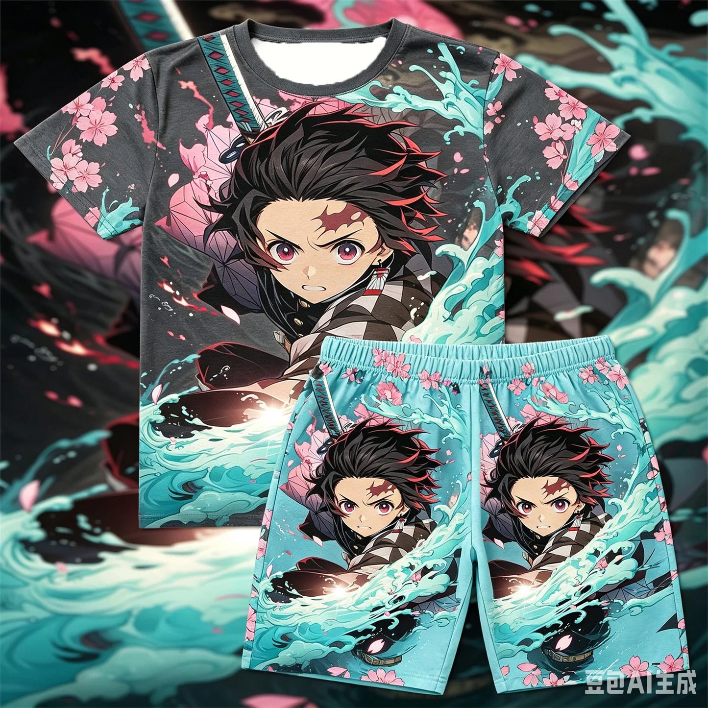 Demon Slayer Doma Red Splatter Print T-Shirt Shorts Set For Men Women Kids Soft Anime Summer Breathable Casual Loungewear Pajama