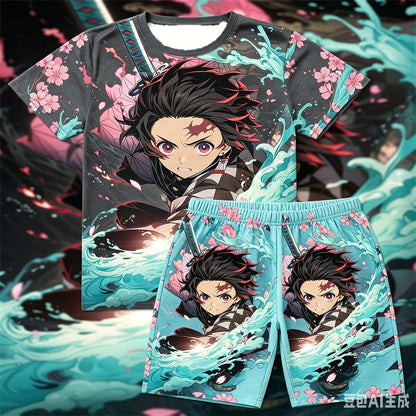 Demon Slayer Doma Red Splatter Print T-Shirt Shorts Set For Men Women Kids Soft Anime Summer Breathable Casual Loungewear Pajama
