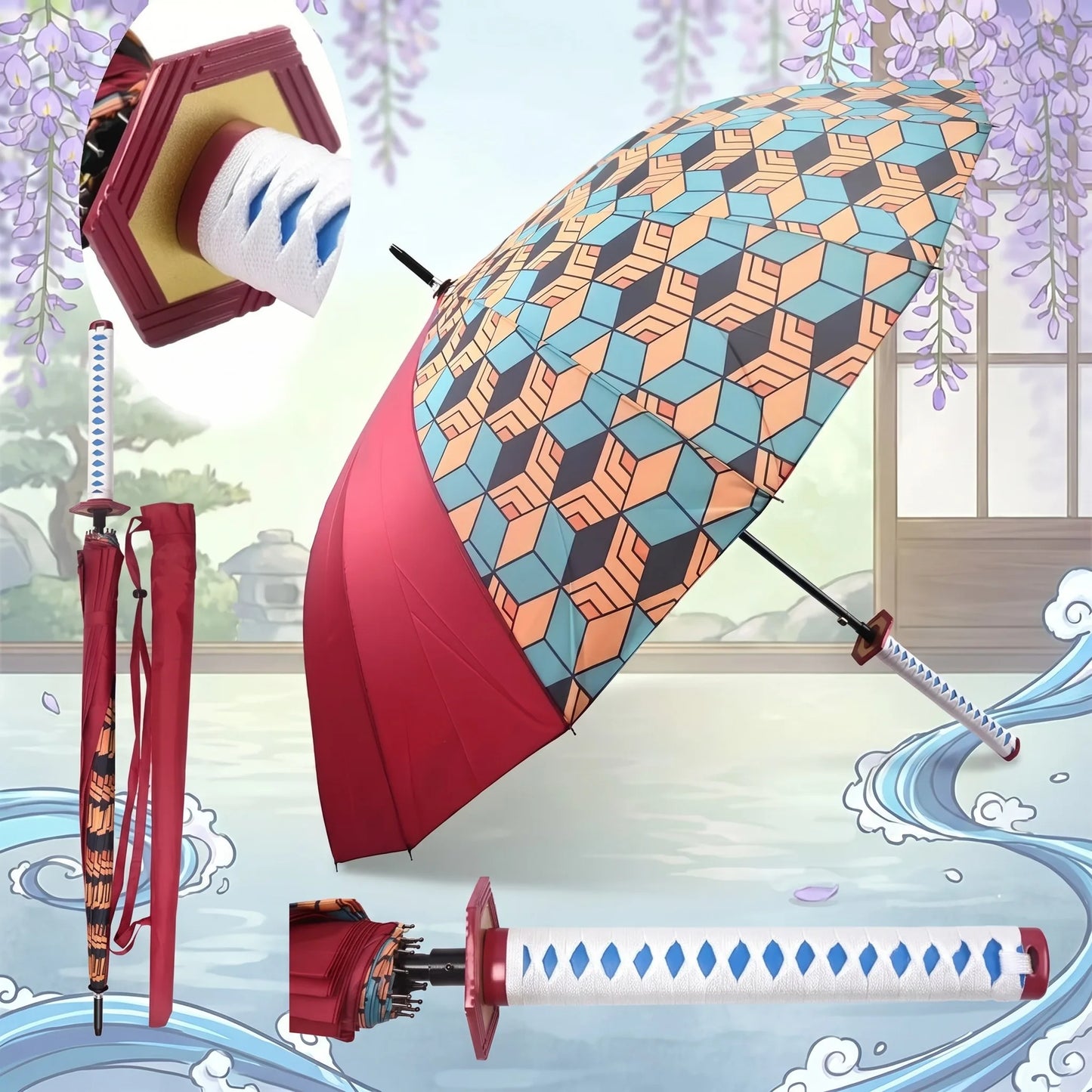Demon Slayer Katana Umbrella Kimetsu Long Rain Parasol UV Blocking Anime Samurai Style Cosplay Display Photo Prop Long Handle
