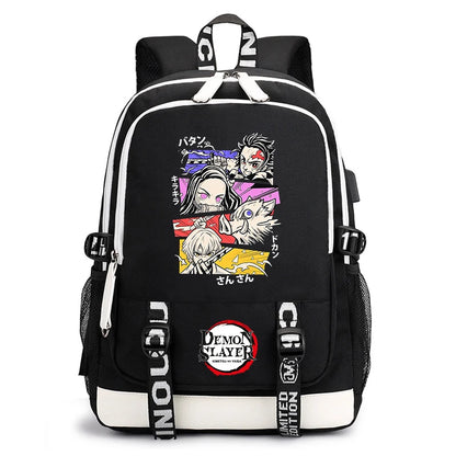 Demon Slayer Anime Print Student Backpack USB Charging Port Lightweight School Bag for Boys Girls