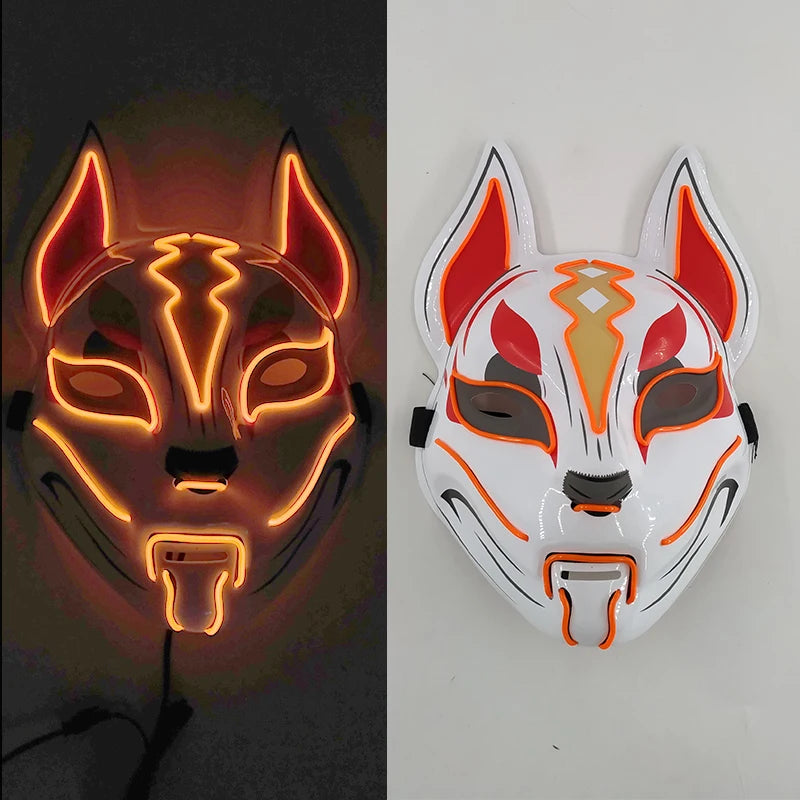 Glowing  Demon Slayer Mask Cosplay Japanese Cartoon Neon Light Samurai Mascara Luminous Led Fox Mask For Halloween Christmas