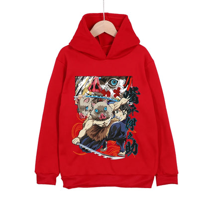 Childrens Cartoon Hoodie Demon Slayer Inosuke Graphic Cotton Pullover Unisex Boys Girls Clothes 100-160cm