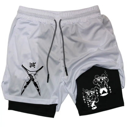 Men's Compression Shorts Anime Demon Slayer Print Beach Shorts Gym Fitness Running Quick Dry Short Pants Summer Print Sportswear