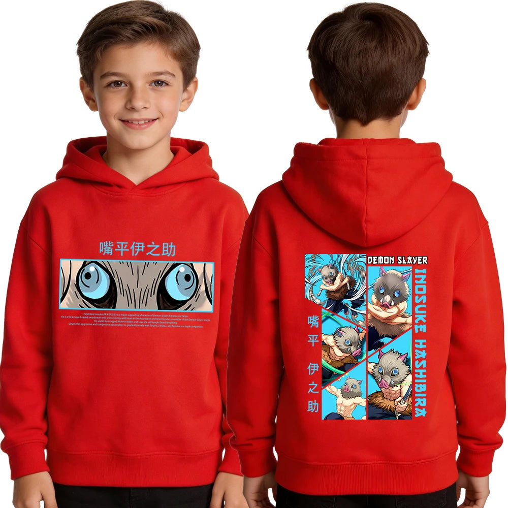 Demon Slayer Kimetsu no Yaiba Kids Hoodie Inosuke Hashibira Anime Print Boys Casual Sports Pullover Sweatshirt