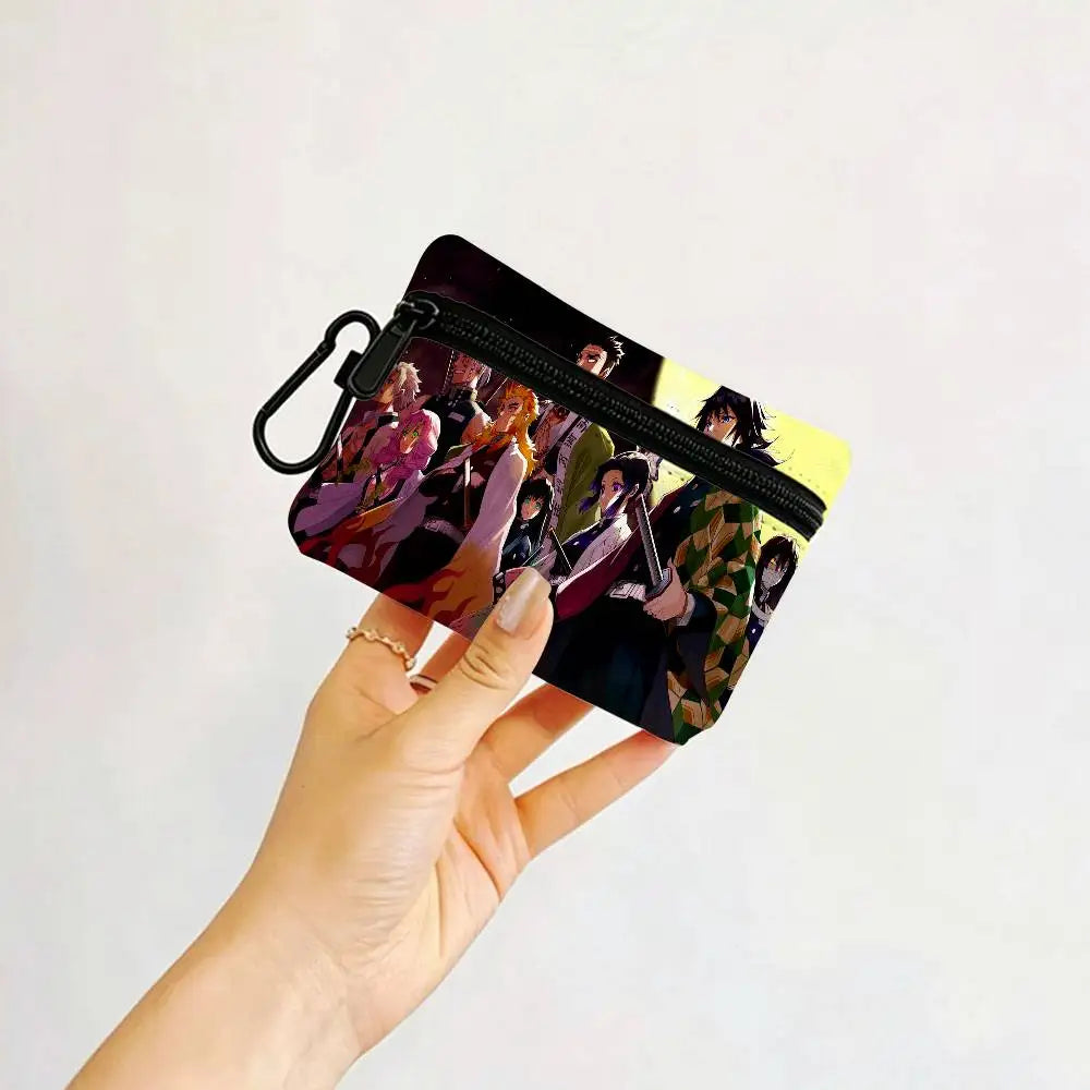 Anime D-DemonS Slayer Mini Oxford Cloth Coin Purse With Carabiner Hook Portable Key Card Wallet Small Zipper Storage Pouch