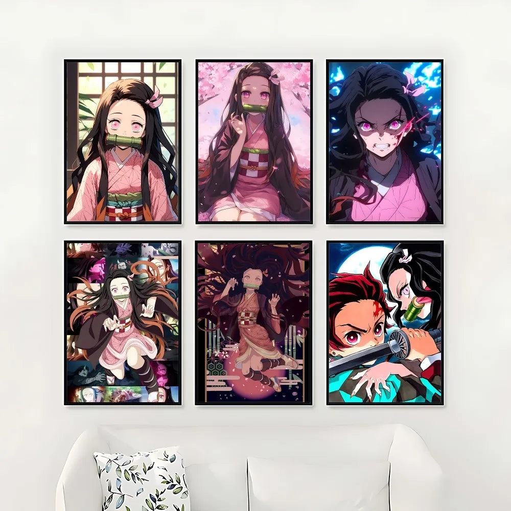Demon Slayer Nezuko Kamado Cartoon Poster HD Art Sticky Wall Waterproof Home Living Room Bedroom Bar Aesthetic Decoration