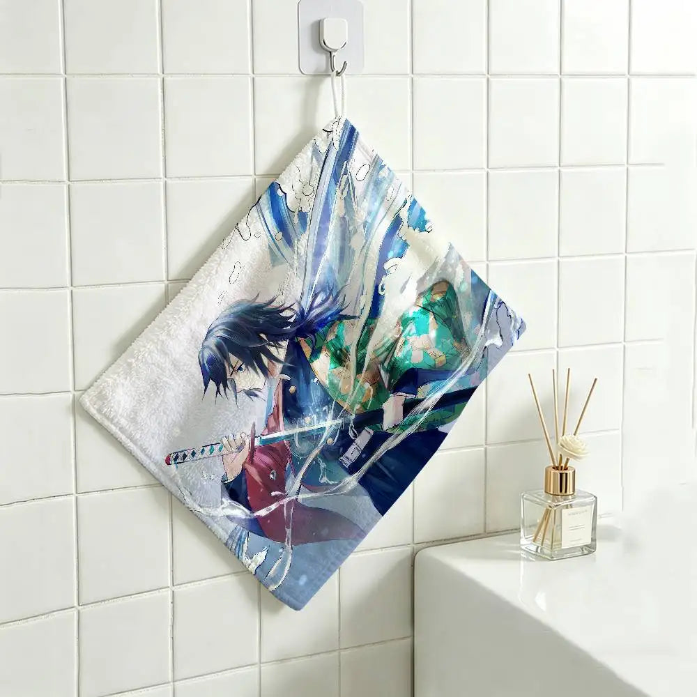 Cartoon Figure Giyu Tomioka Hanging Polyester Cotton Towel, Reusable Hand Wiping Cloth, Wear Resistant for Home Kitchen Sink