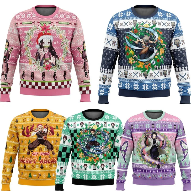 Demon Slayers Winter Christmas Series Blade Round Neck Hoodie Printed Imitation Sweater Knitted Daily Necessities