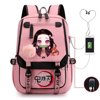 Anime Kamado Nezuko Print Backpacks Women Girls USB Charging Bags Large Capacity Children Teeneger Schoolbags Travel Bagpacks