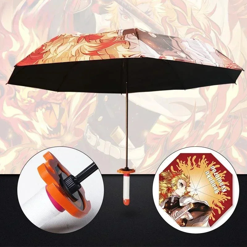 Demon Slayer Folding Katana Umbrella Tanjirou Zenitsu Anime UV Parasol Rain Gear Samurai Style Cosplay Display Photo Prop Decor