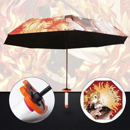 Demon Slayer Folding Katana Umbrella Tanjirou Zenitsu Anime UV Parasol Rain Gear Samurai Style Cosplay Display Photo Prop Decor