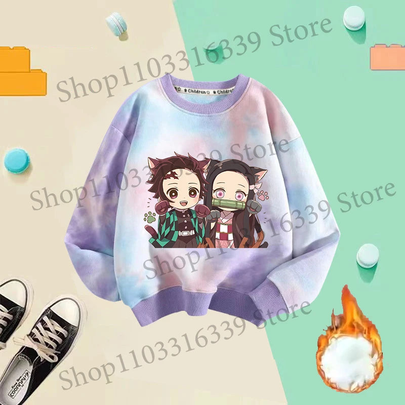 Demon Slayer Children Tie-dyed Sweatshirts Giyu Tomioka Nezuko Boy Girl Hoodie Anime Cute Pullover Fashion Tops Autumn Clothing