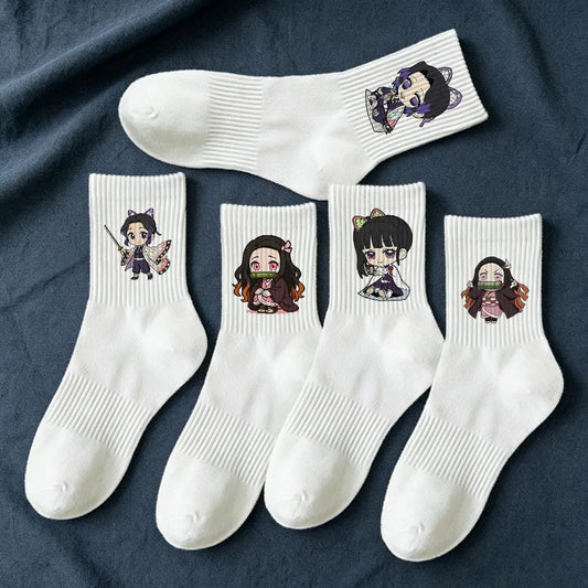 5pairs Demon Slayers Socks for Adult Cartoon Chopper Student Cotton White Long Short Boat Socks Printed Knitted Socks Fashion