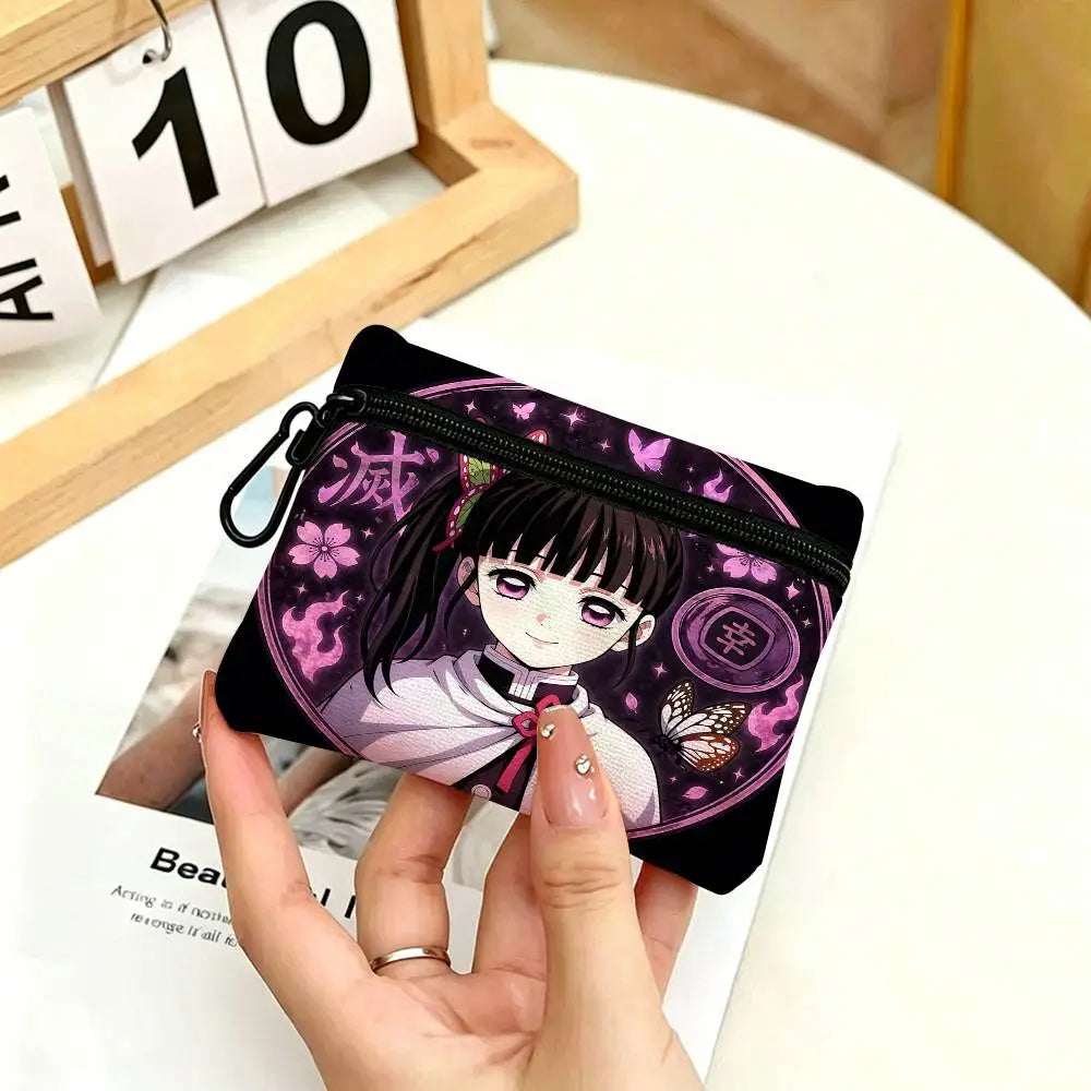 Anime Demon Slayer Multifunctional Oxford Cloth Small Pouch With Hook Mini Coin Wallet Earbud Storage Bag