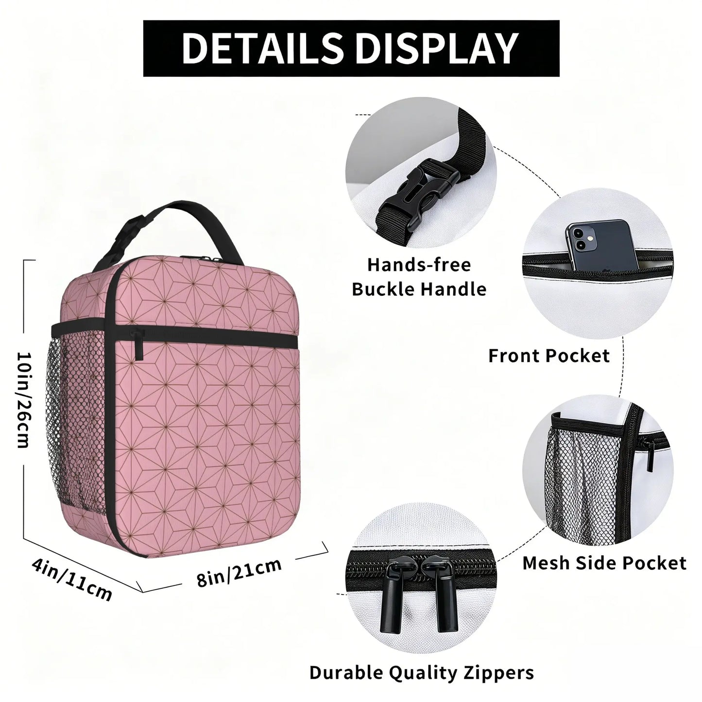 1 Piece Portable Lunch Container Nezuko Cloths  Zipper Closure Durable Pocket Demon Slayer Anime  For Lunch Lunch Box Bag