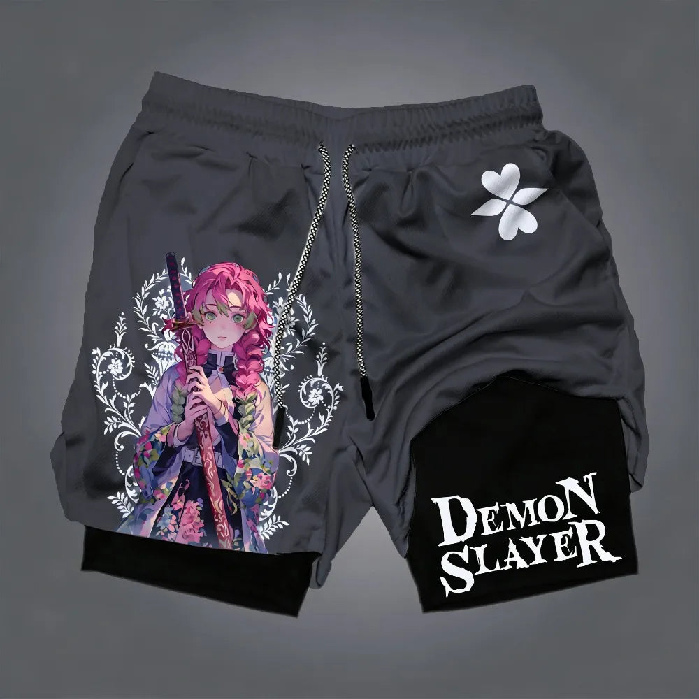 2026 New Unisex Demon SlayerKanroji Mitsuri 2026 Summer New Edition Anime Printed Loose Quick Drying Double Layer Sports Shorts