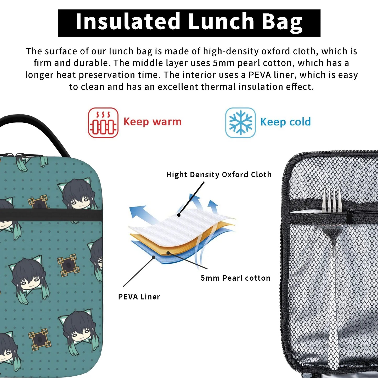 1 Piece Zipper Closure Muichiro Set Storage Bag Pocket Demon Slayer  School Lunch Food Box Reusable For Lunch Food Bag