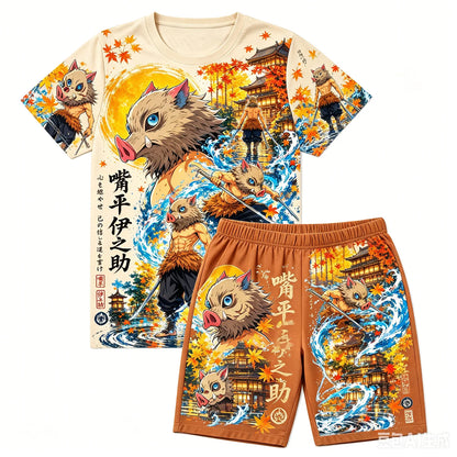 Demon Slayer Doma Red Splatter Print T-Shirt Shorts Set For Men Women Kids Soft Anime Summer Breathable Casual Loungewear Pajama