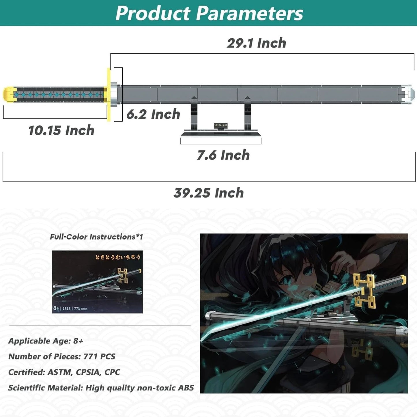 Demon Anime Sword Building Set, 40in Tokitou Muichirou Sword Set with Scabbard and Stand Anime Katana Sword Building Blocks Gift