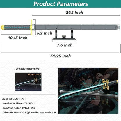 Demon Anime Sword Building Set, 40in Tokitou Muichirou Sword Set with Scabbard and Stand Anime Katana Sword Building Blocks Gift