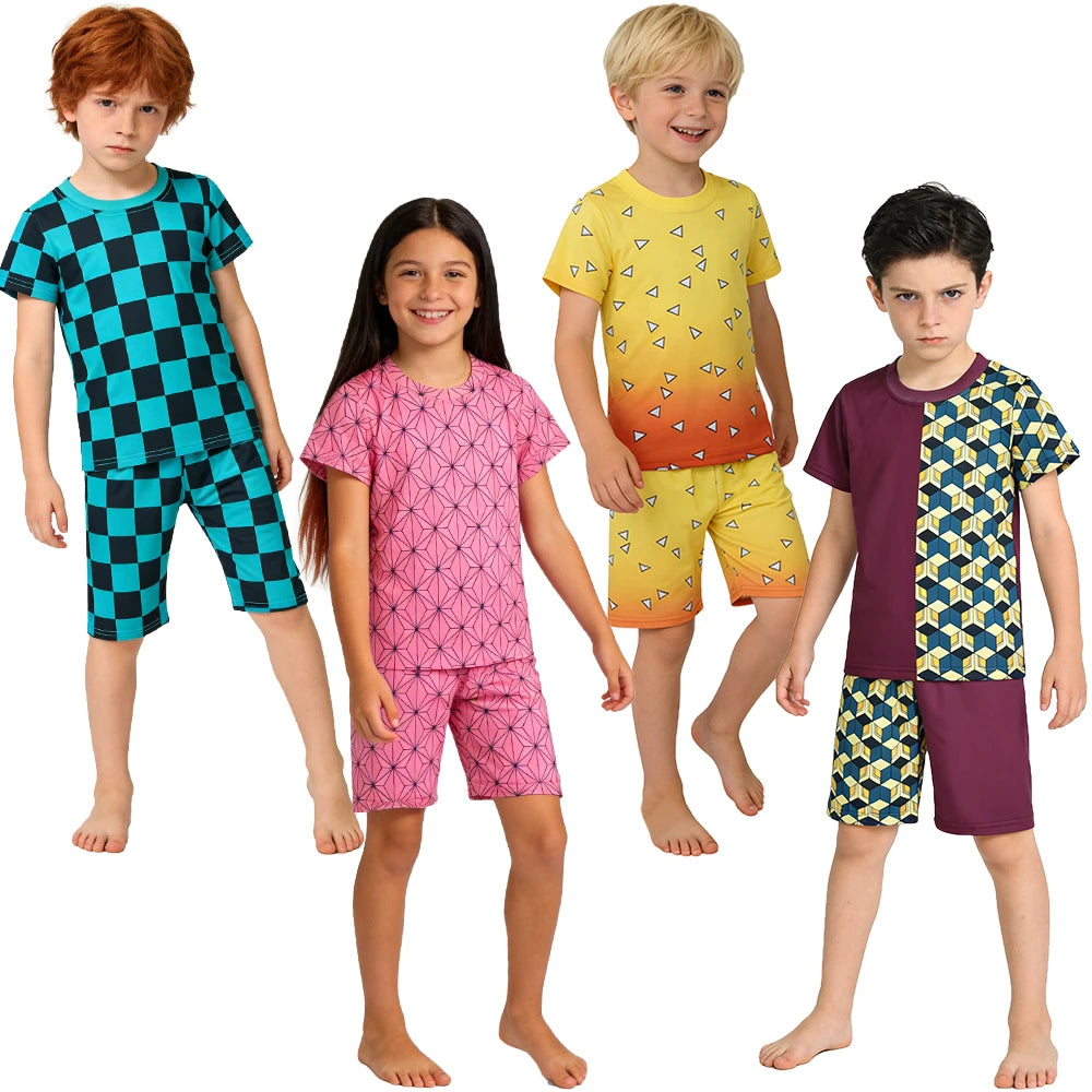 Kids Boys Girls Japanese Anime Style 2 Piece Pajama Set Short Sleeve Geometric Print Sleepwear Tanjiro Nezuko Zenitsu Loungewear