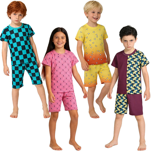 Kids Boys Girls Japanese Anime Style 2 Piece Pajama Set Short Sleeve Geometric Print Sleepwear Tanjiro Nezuko Zenitsu Loungewear