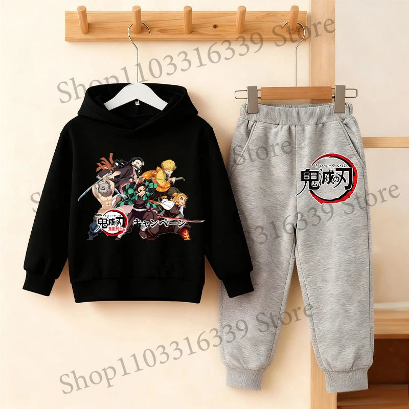 Demon Slayer Anime Hoodie Pants Set Children Hooded Sweatshirt Outerwear Pants Set Boys Girls Tops Autumn Pullover Clothing Gift