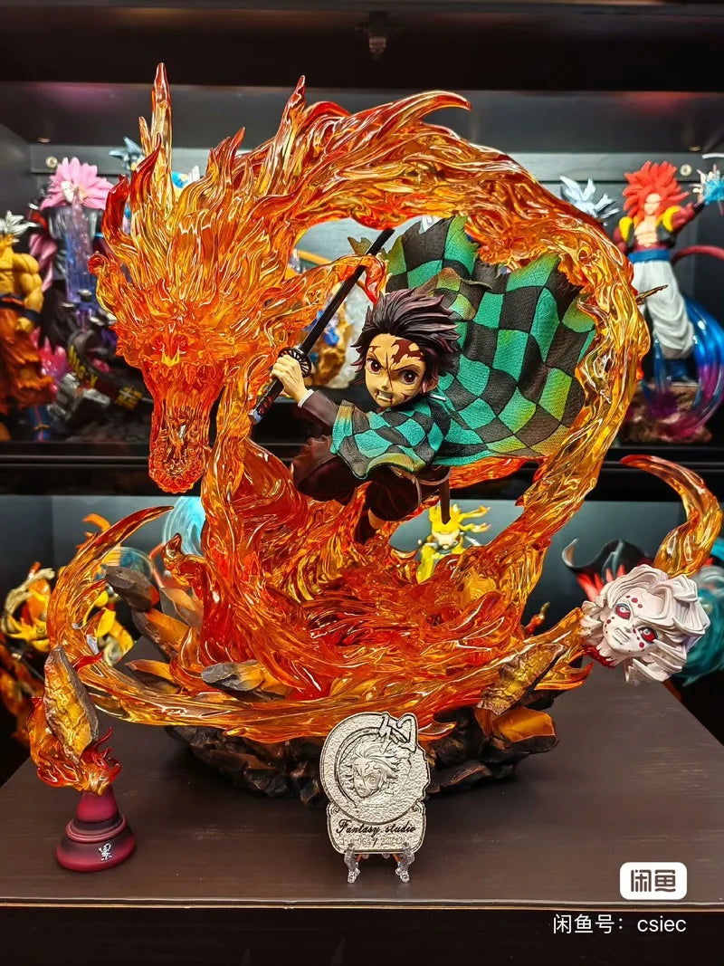 Demon Slayer 30cm Gk Statue Tanjirou Kamado Pvc Action Figure Fire Dragon Withled Light Anime Kimetsu No Yaiba Toys Figuras