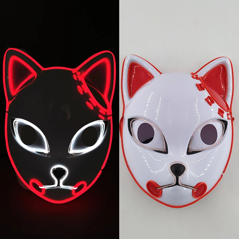 Glowing  Demon Slayer Mask Cosplay Japanese Cartoon Neon Light Samurai Mascara Luminous Led Fox Mask For Halloween Christmas