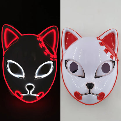 Glowing  Demon Slayer Mask Cosplay Japanese Cartoon Neon Light Samurai Mascara Luminous Led Fox Mask For Halloween Christmas