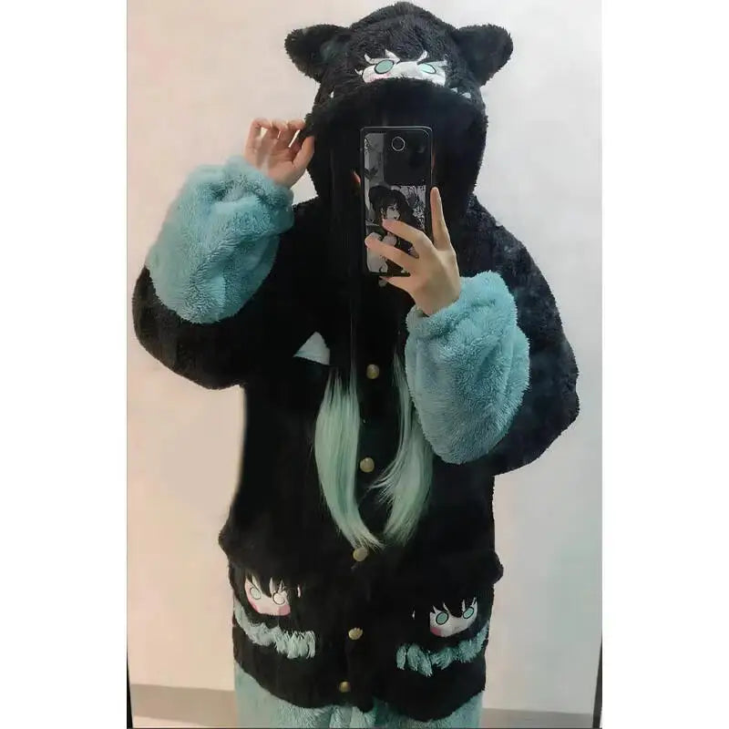 Y2K New Tokitou Muichiro Winter Pajama Anime Peripherals Demon Slayer Soft Plush Jumpsuit Kawaii Cosplay Nightwear Girls Gift