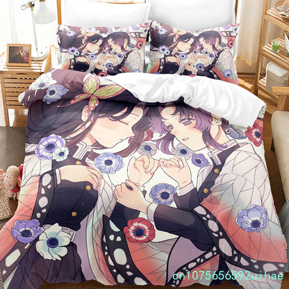 Kawaii Cartoon Demon Slayer Bedding Sets Duvet Cover Set With Pillowcase Twin Full Queen King Bedclothes Bed Linen Home Textiles