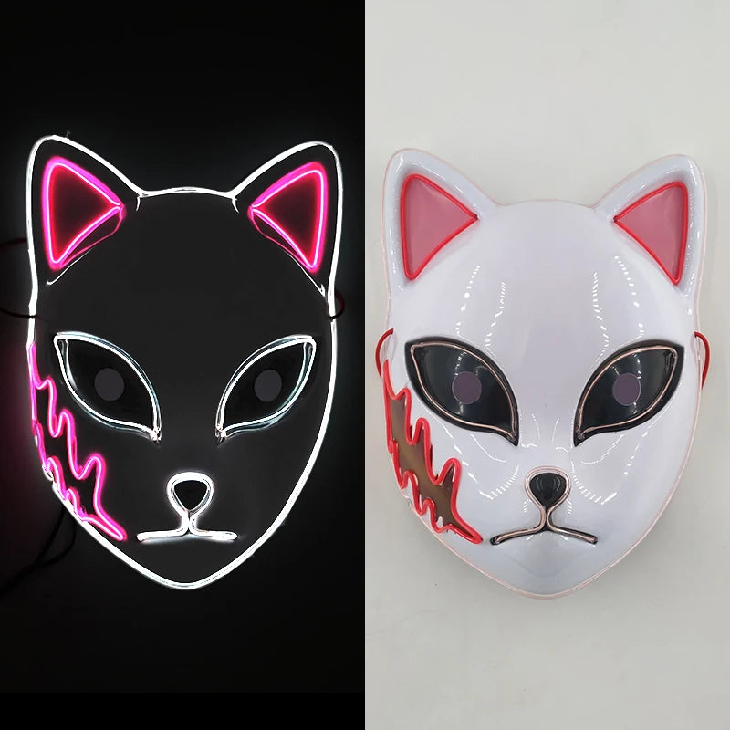 Glowing  Demon Slayer Mask Cosplay Japanese Cartoon Neon Light Samurai Mascara Luminous Led Fox Mask For Halloween Christmas