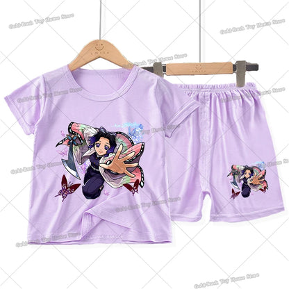 Demon Slayer Girl Pajamas Set Kamado Nezuko Kochou Shinobu Toddler Sleepwear 2pcs Cartoon Summer Home Tops Shorts Kids Pyjamas