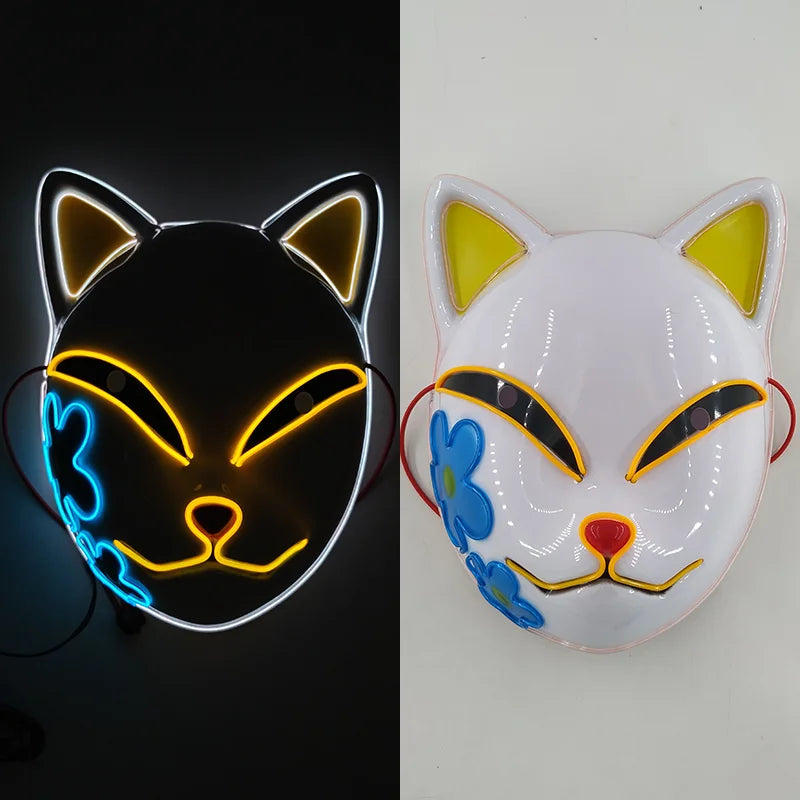 Glowing  Demon Slayer Mask Cosplay Japanese Cartoon Neon Light Samurai Mascara Luminous Led Fox Mask For Halloween Christmas