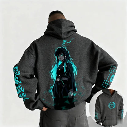 Demon Slayer Muichiro Tokito Large Size Fleece Hoodie American New Autumn Winter Men's and Women's Parent-Child Versatile Jacket