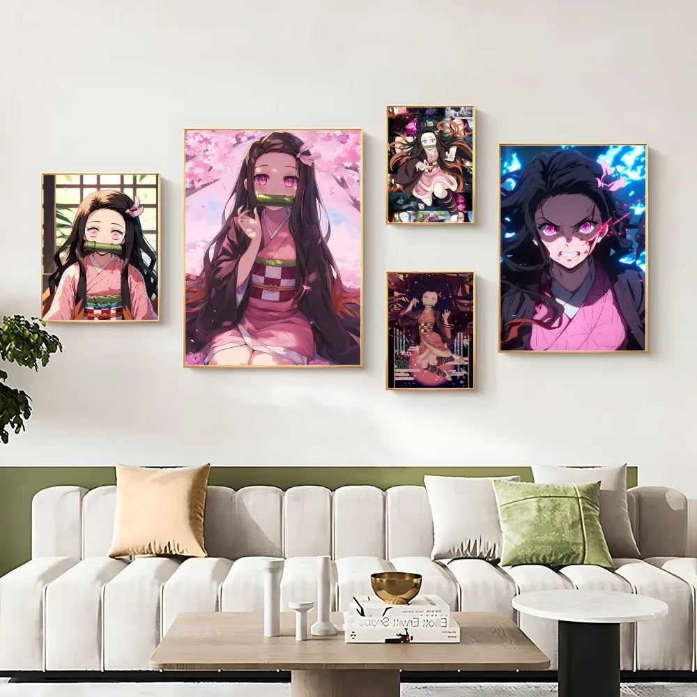 Demon Slayer Nezuko Kamado Cartoon Poster HD Art Sticky Wall Waterproof Home Living Room Bedroom Bar Aesthetic Decoration