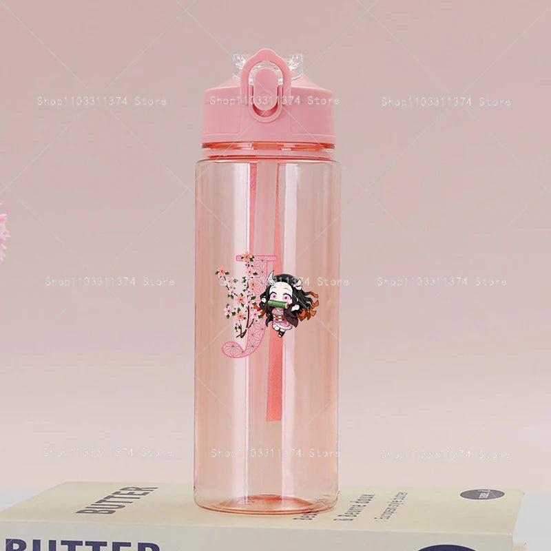 Demon Slayer Pink Water Bottle with Straw Cute Drinking Bottles Letter A-z Summer Sports Portable Water Cup Child Birthday Gift