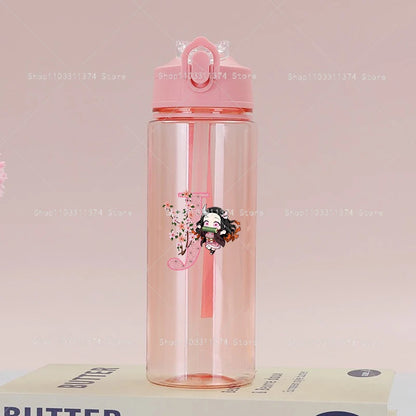 Demon Slayer Pink Water Bottle with Straw Cute Drinking Bottles Letter A-z Summer Sports Portable Water Cup Child Birthday Gift