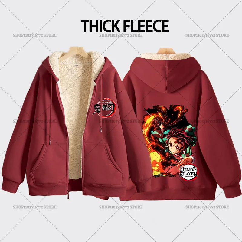 Fashion Clothes Anime Kimetsus No Yaibas Print Sweatshirt Men Women Demons Slayers Winter Loose Fleece Zipper Coat Hoodies Gift