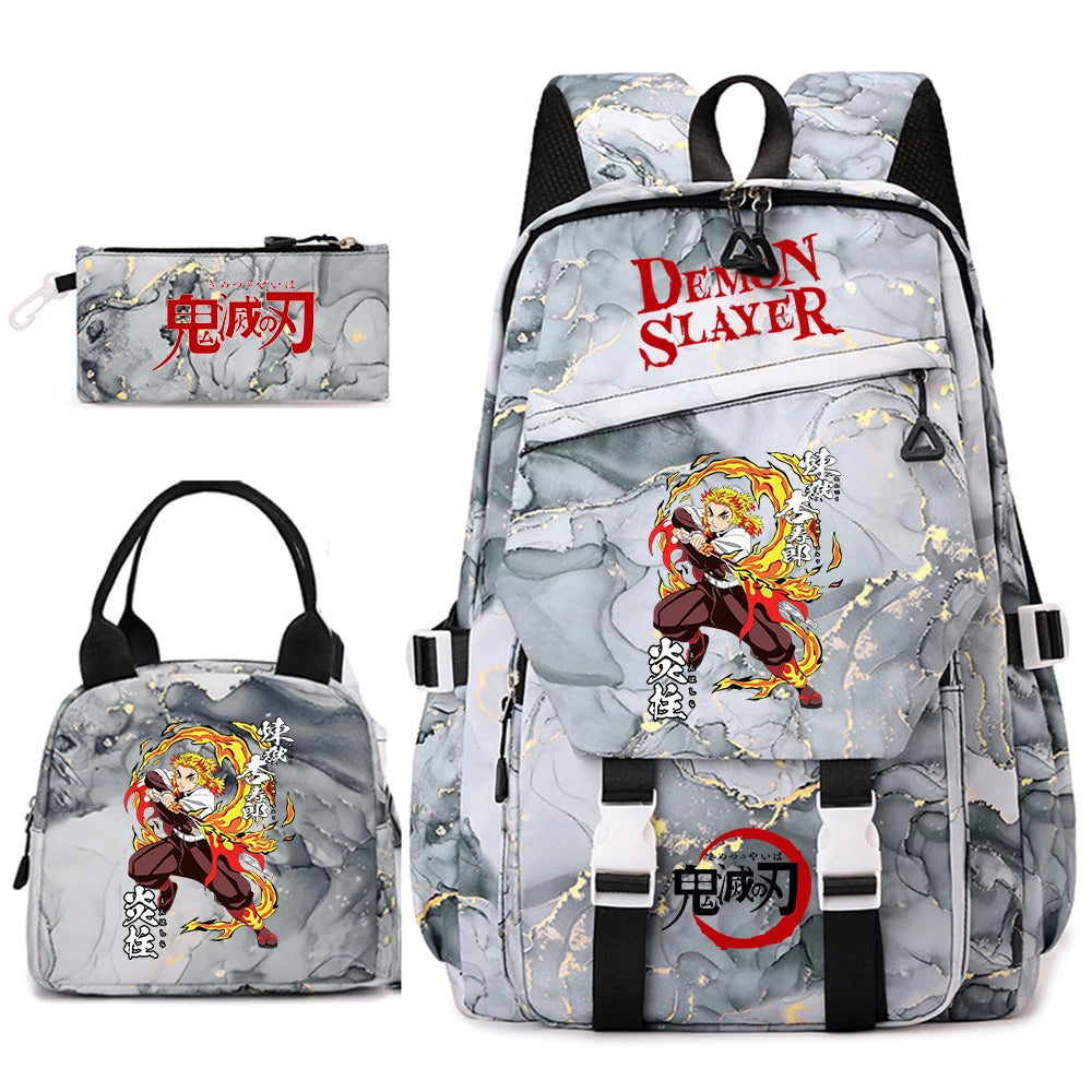Demon Slayer Anime Backpack Set for Girls Demon Slayer 3Pcs School Bag Lunch Kit Pouch